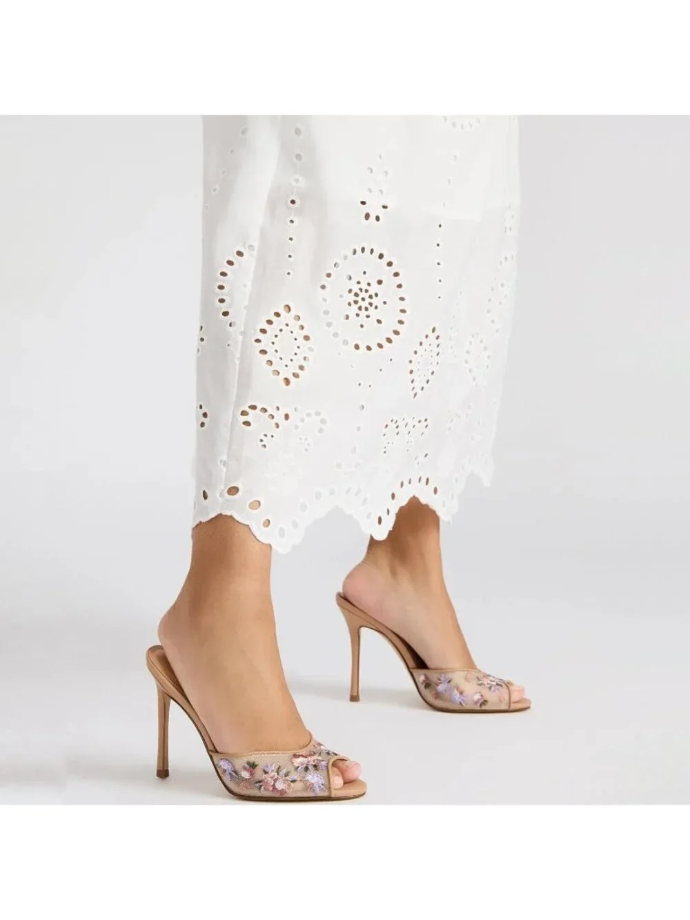 Women's Tan Mesh Heeled Sandals Peep Toe Mules Slip on Stiletto High Heels